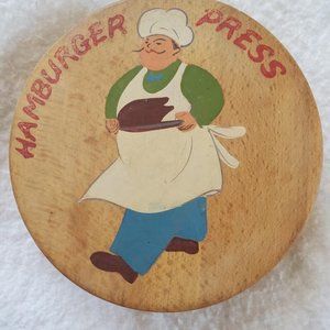 Hamburger Hinged Press Chef Cook Picture Sandwich Vintage Round Wood Decor
